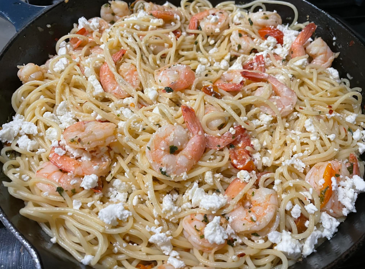 Shrimp and feta 20-minute pasta dinner