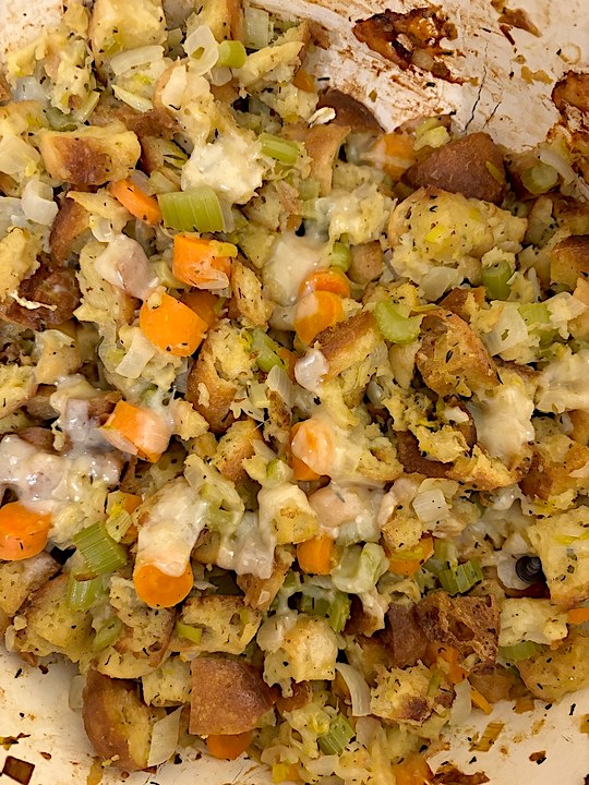 Holiday vegetable stuffing with parmesan cheese crust