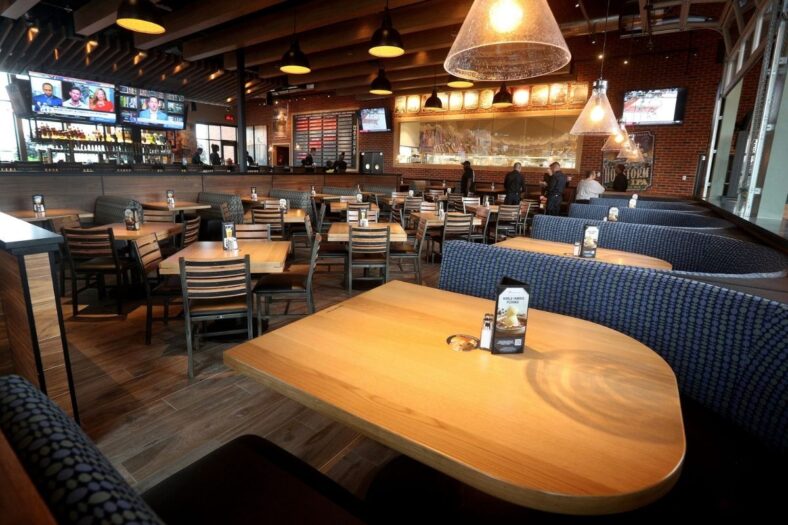 A large dining room inside BJ s Brewhouse on Jefferson Road.