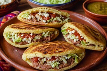 Gorditas with refried beans, lettuce, and salsa.