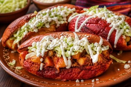 Spicy Pambazos Topped with Lettuce and Crema