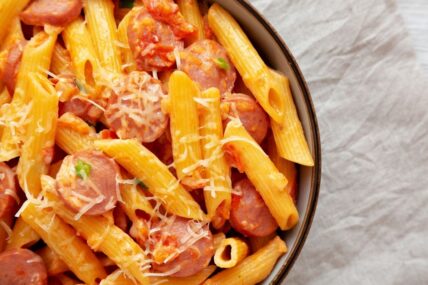 Homemade One-pot Hot Dog Pasta in a Bowl.