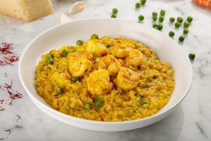 Saffron Risotto with Shrimp served in bowl
