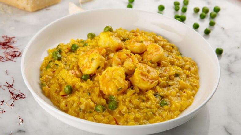 Saffron Risotto with Shrimp served in bowl