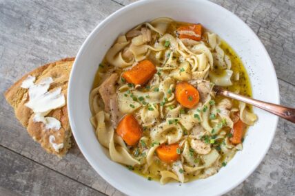 A bowl of homemade chicken noodle soup.