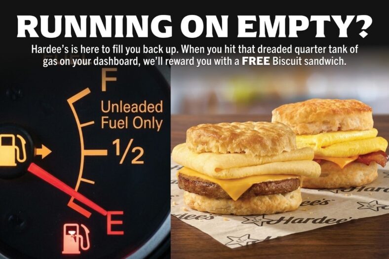Hardee's promotional image showing gas gauge and biscuit breakfast sandwich.