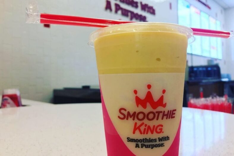 A Island Impact smoothie from Smoothie King. The frozen treat is made with mangoes, pineapple and papayas. Sk3
