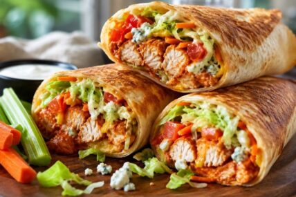 Crunchy wraps filled with buffalo chicken and veggies on a chopping board.
