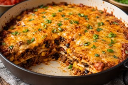 Mexican-style lasagna in skillet, with portion removed and tortilla layers visible.