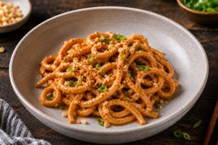 Spicy peanut butter noodles in a bowl, topped with scallions and crushed peanuts.